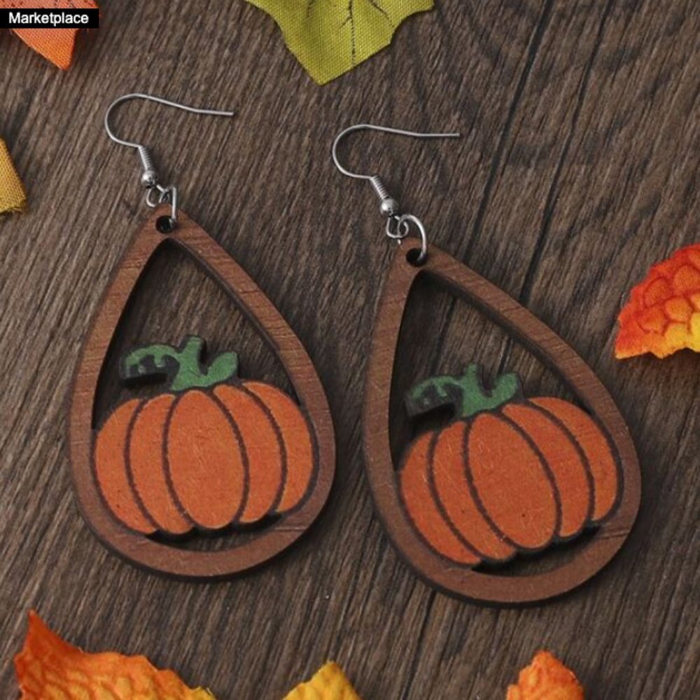 🧿 3 for $33 🧿 Halloween Pumpkin Cut Out Wooden Dangle Earrings